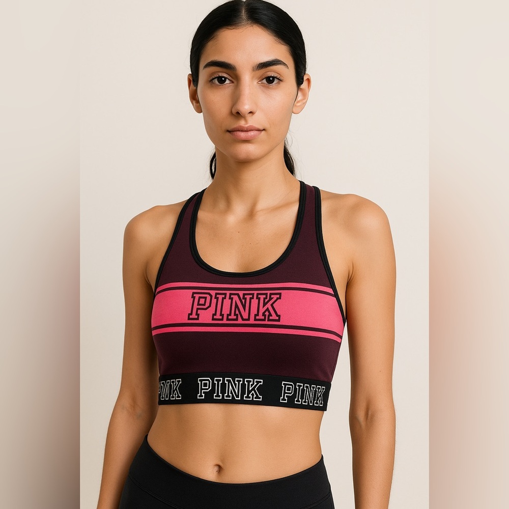Vintage PINK Victoria’s Secret Logo Band Sports Bra Y2K Maroon & Hot Pink